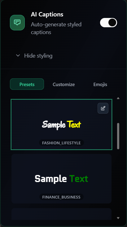AI Captions customization