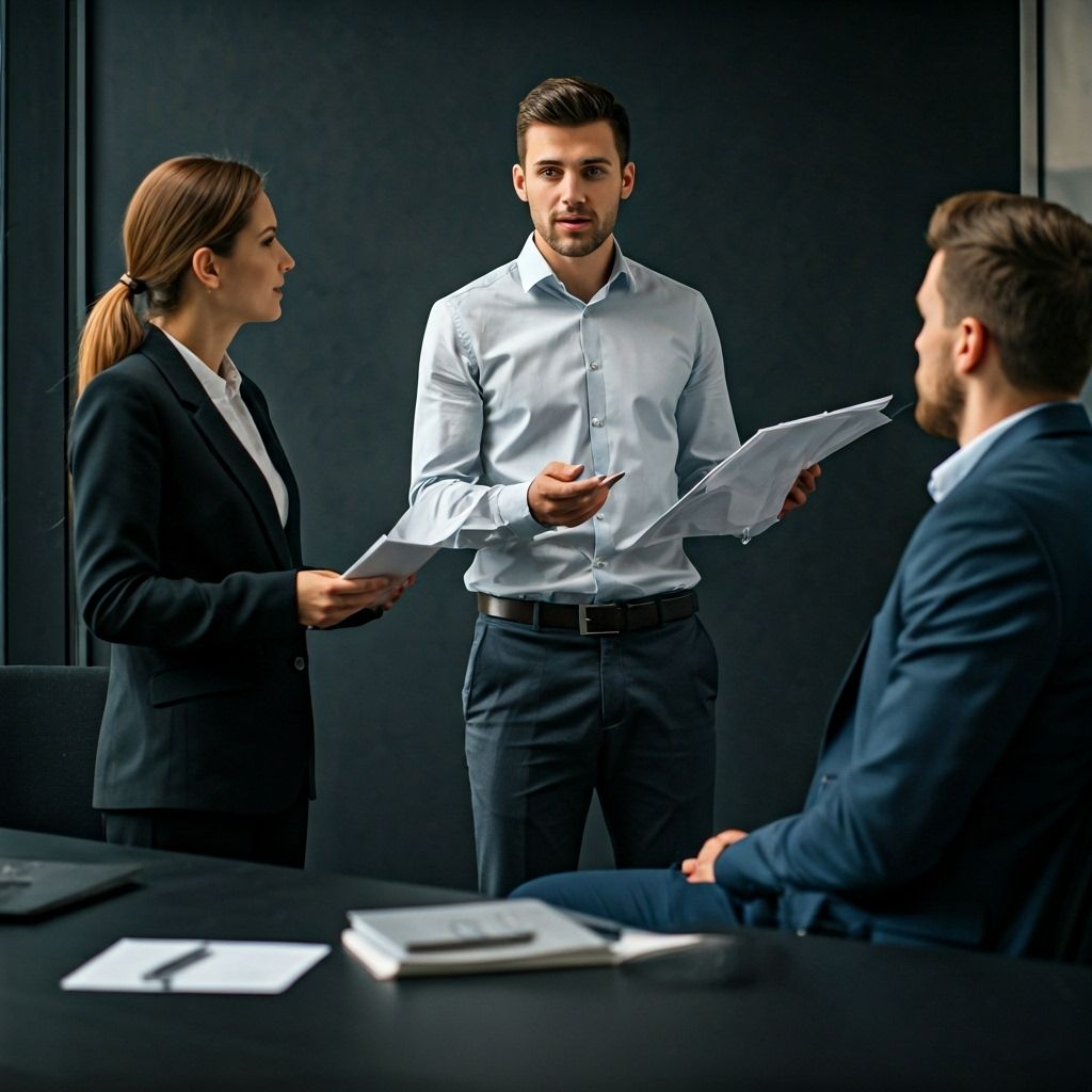 Professional business coach presenting to clients in modern conference room